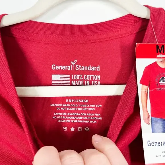 General Standard Land Of The Free T-Shirt Mens Red Pullover Cotton Sz Medium NEW - Picture 3 of 8